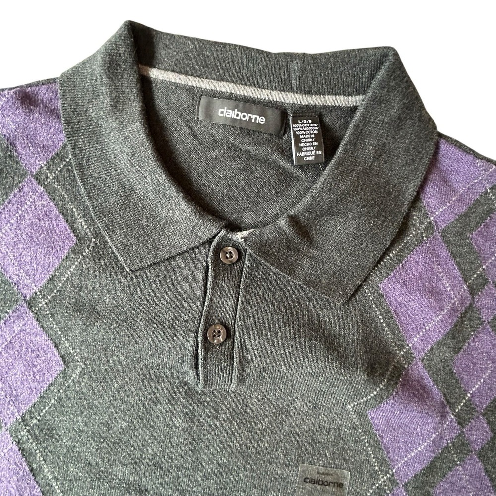 Claiborne Polo Shirt Mens Large Gray Purple Argyle Sweater Knit Short Sleeve NWT